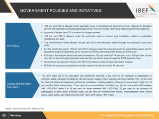 For updated information, please visit www.ibef.orgServices25
GOVERNMENT POLICIES AND INITIATIVES
 100 per cent FDI is allowed under automatic route in scheduled air transport service, regional air transport
service and domestic scheduled passenger airline. FDI over 49 per cent would require government approval.
 Approval of 49 per cent FDI in aviation for foreign carriers.
 100 per cent FDI is allowed under the automatic route in tourism and hospitality, subject to applicable
regulations and laws.
 The Government of India allowed 100 per cent FDI in the education sector through the automatic route since
2002.
 For the healthcare sector, 100 per cent FDI is allowed under the automatic route for greenfield projects and for
brownfield project investments, up to 100 per cent FDI is permitted under the government route.
 FDI cap in the telecom sector has been increased to 100 per cent from 74 per cent; out of 100 per cent, 49 per
cent will be done through automatic route and the rest will be done through the FIPB approval route.
 Government has allowed 100 per cent FDI in the railway sector for approved list of projects.
 FDI limit for insurance companies has been raised from 26 per cent to 49 per cent.
FDI Policy
Source : Economic Survey 2017, Media sources
 The GST rates are nil for education and healthcare services; 5 per cent for air transport of passengers in
economy class, transport of goods by rail and vessel, supply of tour operator services (without ITC); 12 per cent
for food and drinks at restaurants without air conditioner, heating system or license to serve liquor, while it is 18
per cent for those having them; 12 per cent for accommodation in hotels, inns, etc for rooms with tariff between
INR 1000-2500, while it is 18 per cent for those between INR 2500-7500; 12 per cent for air transport of
passengers in other thane economy class; 28 per cent for entertainment events, cinematograph films, theme
parks, water parks, etc, hotels and inns with room tariff above INR 7,500.
Goods and Services
Tax (GST)
 