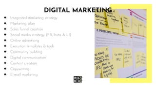 ✦ Integrated marketing strategy
✦ Marketing plan
✦ Sales funnel creation
✦ Social media strategy (FB, Insta & LI)
✦ Online...