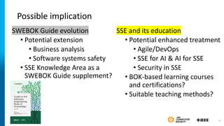 Possible implication
SWEBOK Guide evolution
• Potential extension
• Business analysis
• Software systems safety
• SSE Knowledge Area as a
SWEBOK Guide supplement?
SSE and its education
• Potential enhanced treatment
• Agile/DevOps
• SSE for AI & AI for SSE
• Security in SSE
• BOK-based learning courses
and certifications?
• Suitable teaching methods?
34
 