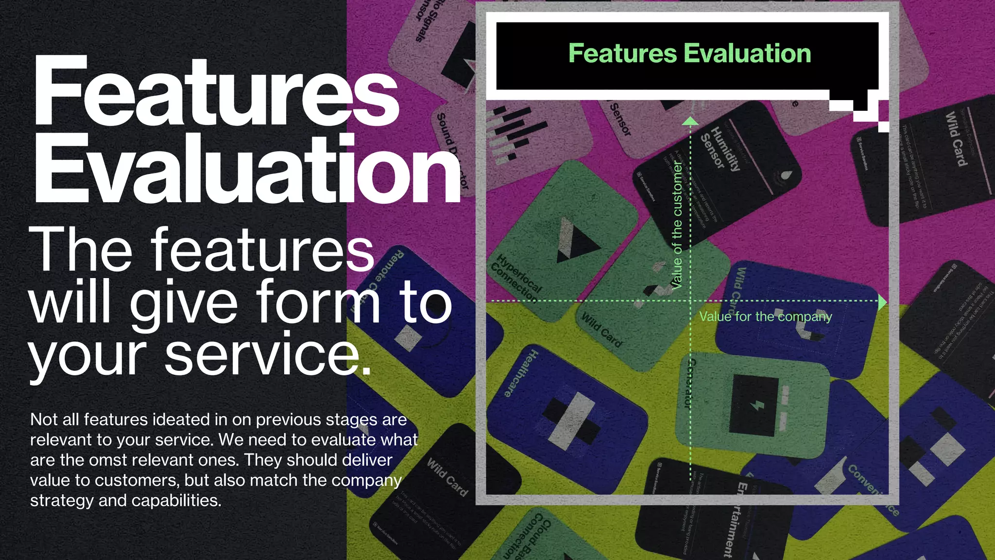 Features
Evaluation
The features
will give form to
your service.
Valueofthecustomer
Value for the company
Features Evaluation
Not all features ideated in on previous stages are
relevant to your service. We need to evaluate what
are the omst relevant ones. They should deliver
value to customers, but also match the company
strategy and capabilities.
 