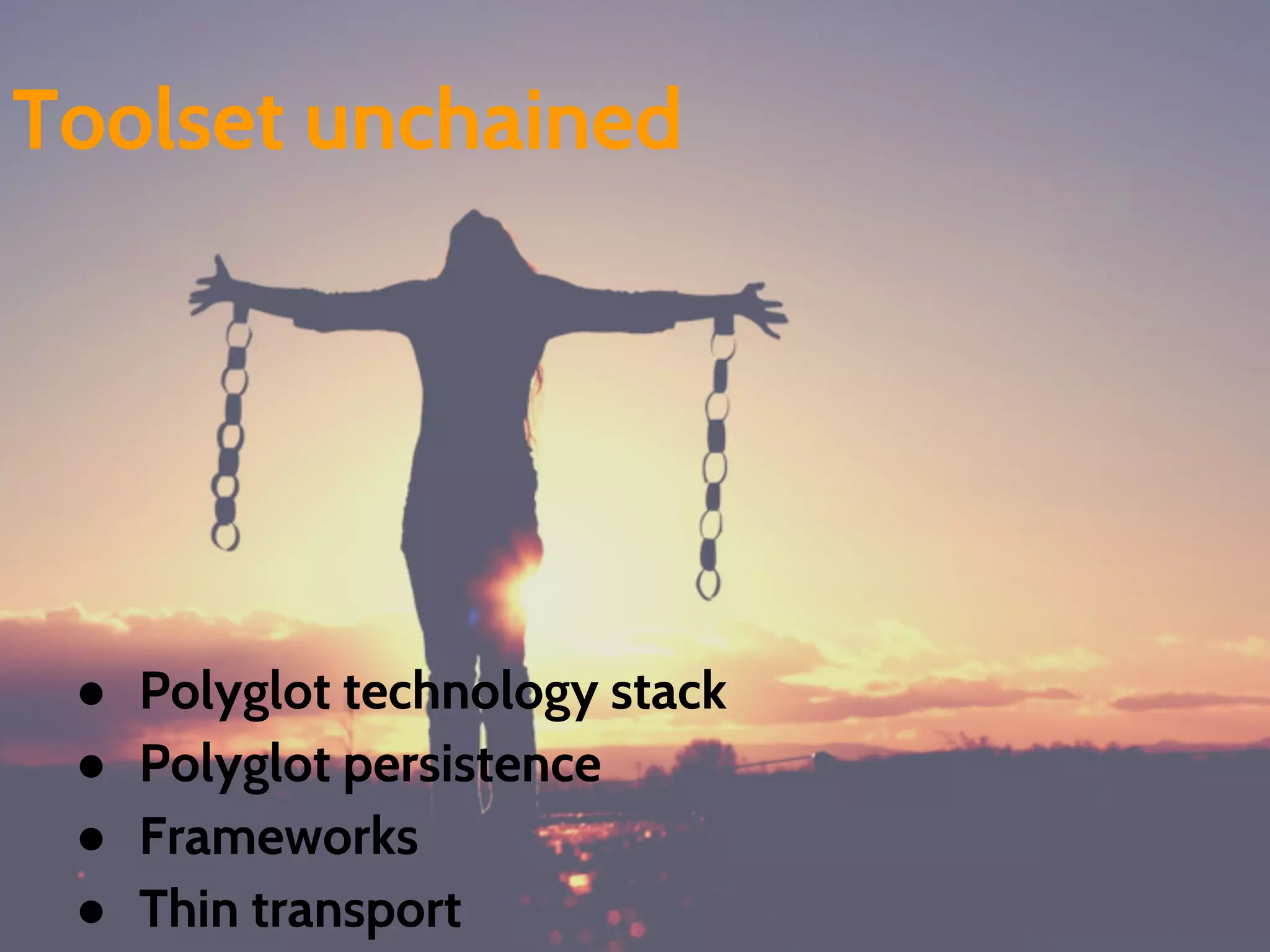 ● Polyglot technology stack
● Polyglot persistence
● Frameworks
● Thin transport
Toolset unchained
 
