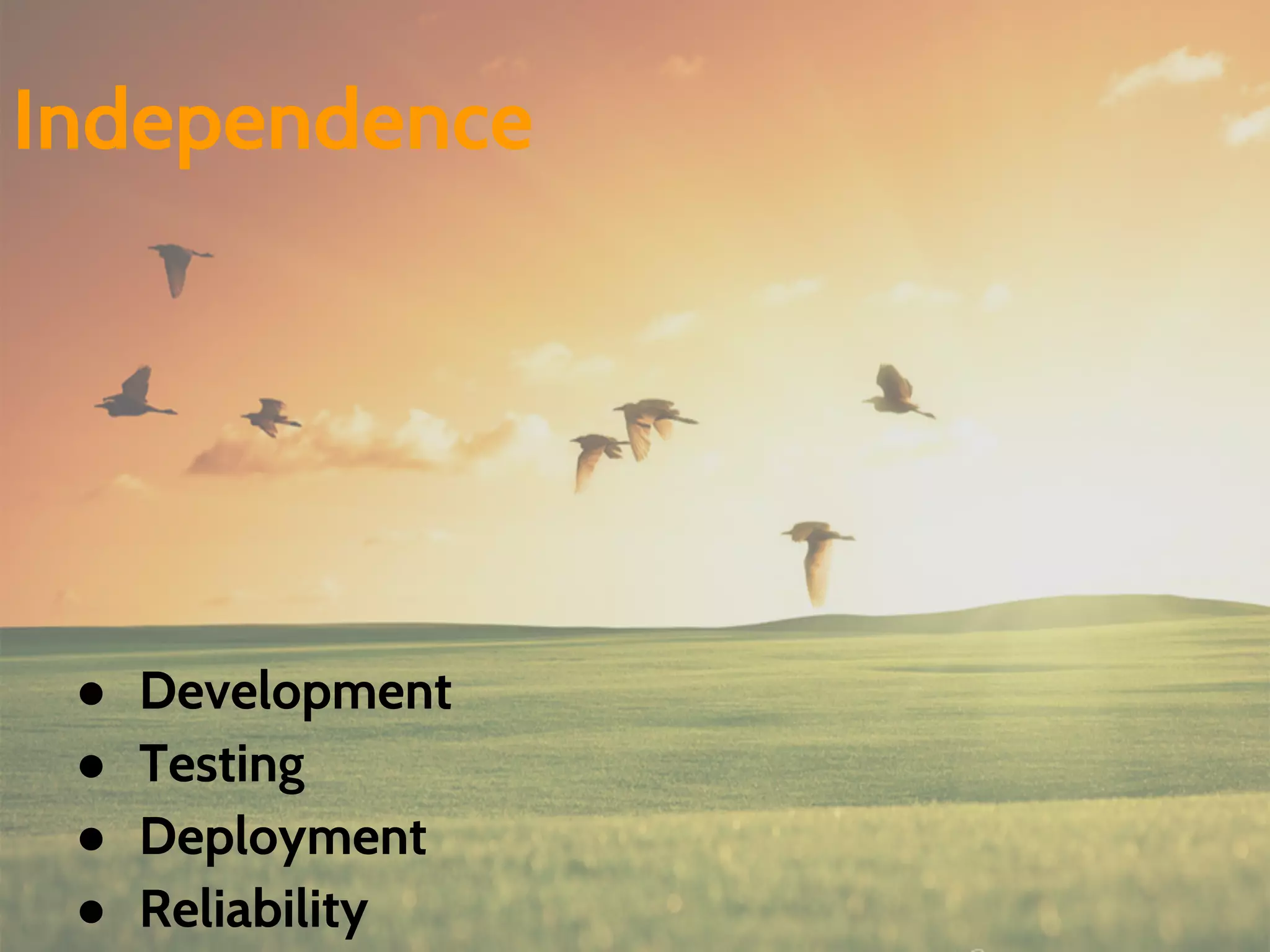 ● Development
● Testing
● Deployment
● Reliability
Independence
 
