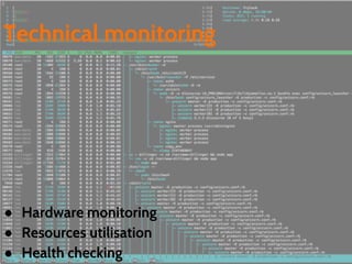 ● Hardware monitoring
● Resources utilisation
● Health checking
Technical monitoring
 
