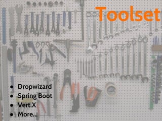Toolset
● Dropwizard
● Spring Boot
● Vert.X
● More...
 