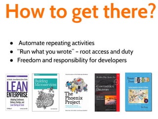● Automate repeating activities
● “Run what you wrote” – root access and duty
● Freedom and responsibility for developers
How to get there?
 