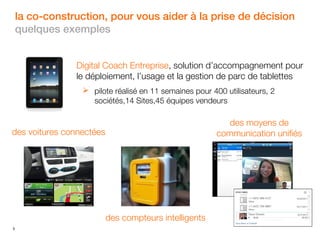 la co-construction, pour vous aider à la prise de décision
quelques exemples
Digital Coach Entreprise, solution d’accompagnement pour
le déploiement, l’usage et la gestion de parc de tablettes
 pilote réalisé en 11 semaines pour 400 utilisateurs, 2
sociétés,14 Sites,45 équipes vendeurs

des moyens de
communication unifiés

des voitures connectées

des compteurs intelligents
5

 