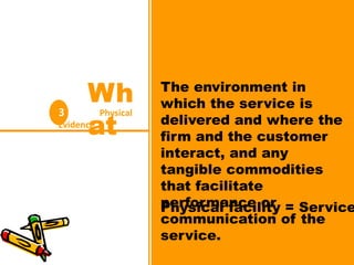 Wh
at
The environment in
which the service is
delivered and where the
firm and the customer
interact, and any
tangible commodities
that facilitate
performance or
communication of the
service.
3 Physical
Evidence
Physical facility = Service
 