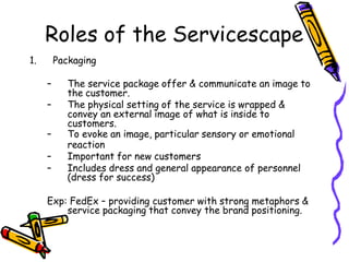 Roles of the Servicescape
1. Packaging
the customer.
– The service package offer & communicate an image to
– The physical setting of the service is wrapped &
convey an external image of what is inside to
customers.
– To evoke an image, particular sensory or emotional
reaction
– Important for new customers
– Includes dress and general appearance of personnel
(dress for success)
Exp: FedEx – providing customer with strong metaphors &
service packaging that convey the brand positioning.
 