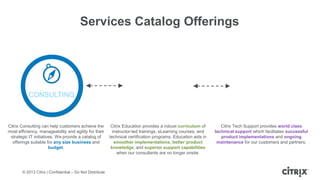 Services Catalog Offerings

TECHNICAL
CONSULTING
EDUCATION
SUPPORT

Citrix Consulting can help customers achieve the
most efficiency, manageability and agility for their
strategic IT initiatives. We provide a catalog of
offerings suitable for any size business and
budget.

© 2013 Citrix | Confidential – Do Not Distribute

Citrix Education provides a robust curriculum of
instructor-led trainings, eLearning courses, and
technical certification programs. Education aids in
smoother implementations, better product
knowledge, and superior support capabilities
when our consultants are no longer onsite.

Citrix Tech Support provides world class
technical support which facilitates successful
product implementations and ongoing
maintenance for our customers and partners.

 