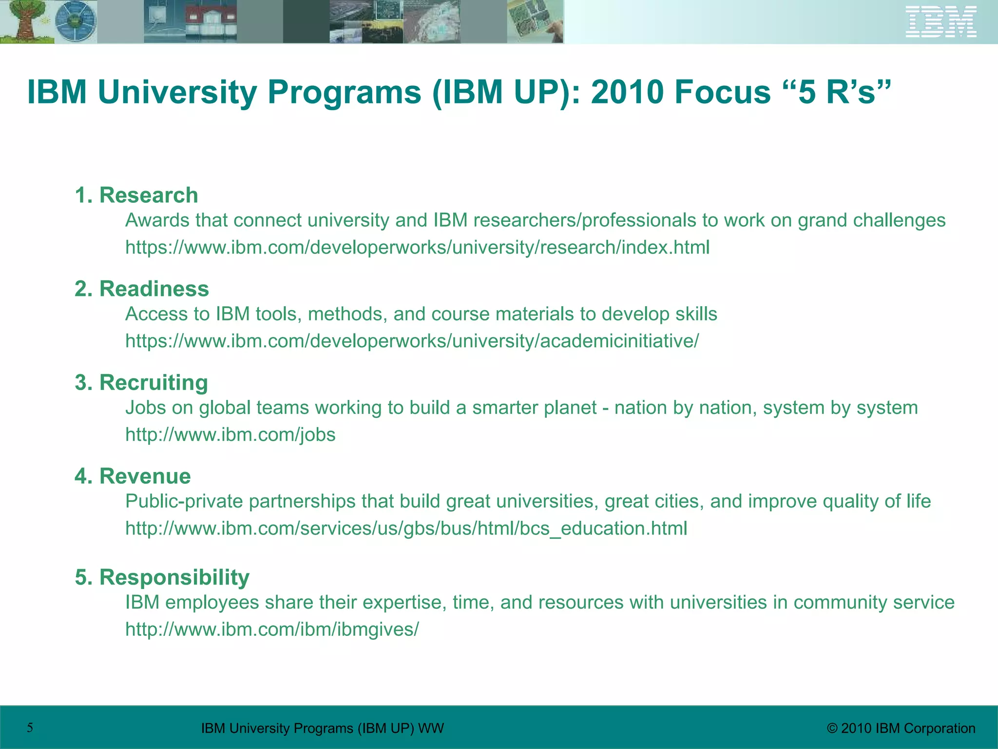 IBM University Programs (IBM UP): 2010 Focus “5 R’s” 1. Research Awards that connect university and IBM researchers/professionals to work on grand challenges https://www.ibm.com/developerworks/university/research/index.html 2. Readiness Access to IBM tools, methods, and course materials to develop skills https://www.ibm.com/developerworks/university/academicinitiative/ 3. Recruiting Jobs on global teams working to build a smarter planet - nation by nation, system by system http://www.ibm.com/jobs 4. Revenue Public-private partnerships that build great universities, great cities, and improve quality of life http://www.ibm.com/services/us/gbs/bus/html/bcs_education.html 5. Responsibility IBM employees share their expertise, time, and resources with universities in community service http://www.ibm.com/ibm/ibmgives/ 