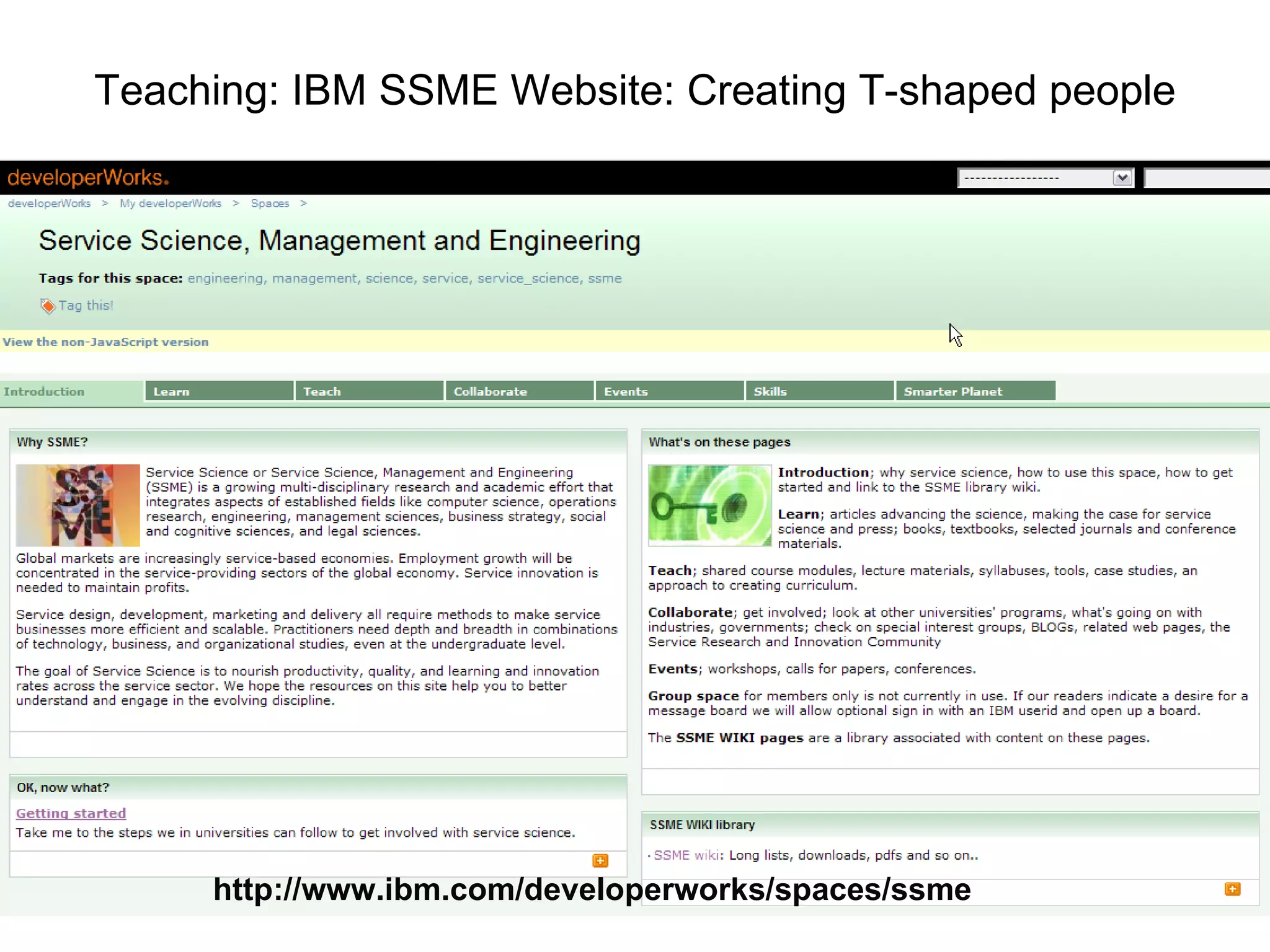 Teaching: IBM SSME Website: Creating T-shaped people http://www.ibm.com/developerworks/spaces/ssme 
