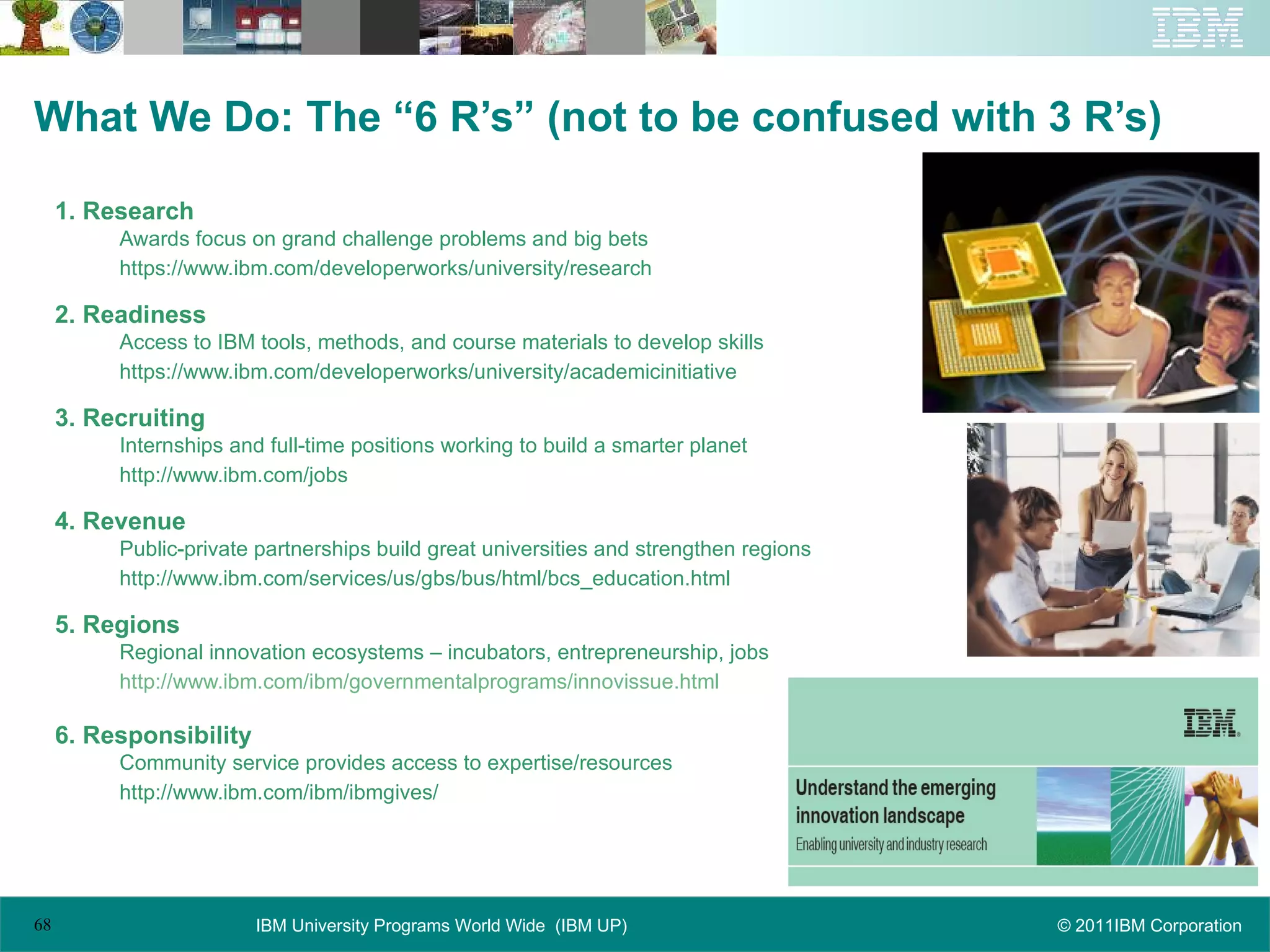 What We Do: The “6 R’s” (not to be confused with 3 R’s) 1. Research Awards focus on grand challenge problems and big bets https://www.ibm.com/developerworks/university/research 2. Readiness Access to IBM tools, methods, and course materials to develop skills https://www.ibm.com/developerworks/university/academicinitiative 3. Recruiting Internships and full-time positions working to build a smarter planet http://www.ibm.com/jobs 4. Revenue Public-private partnerships build great universities and strengthen regions http://www.ibm.com/services/us/gbs/bus/html/bcs_education.html 5. Regions Regional innovation ecosystems – incubators, entrepreneurship, jobs http://www.ibm.com/ibm/governmentalprograms/innovissue.html 6. Responsibility Community service provides access to expertise/resources http://www.ibm.com/ibm/ibmgives/ 