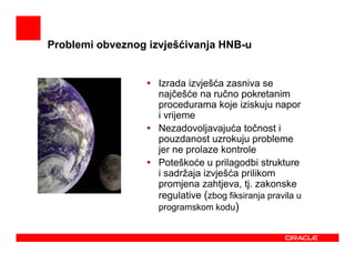 Problemi obveznog izvješćivanja HNB-u


                    Izrada izvješća zasniva se
                    najčešće na ručno pokretanim
                    procedurama koje iziskuju napor
                    i vrijeme
                    Nezadovoljavajuća točnost i
                    pouzdanost uzrokuju probleme
                    jer ne prolaze kontrole
                    Poteškoće u prilagodbi strukture
                    i sadržaja izvješća prilikom
                    promjena zahtjeva, tj. zakonske
                    regulative (zbog fiksiranja pravila u
                    programskom kodu)
 