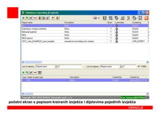 početni ekran s popisom kreiranih izvješća i dijelovima pojedinih izvješća
 