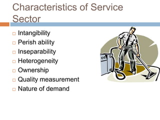 Characteristics of Service SectorIntangibilityPerish abilityInseparabilityHeterogeneityOwnershipQuality measurementNature of demand