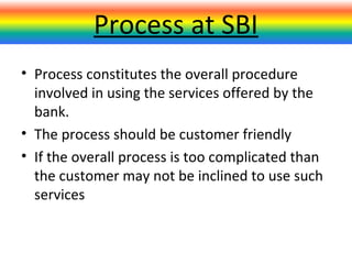 Process at SBI
• Process constitutes the overall procedure
involved in using the services offered by the
bank.
• The process should be customer friendly
• If the overall process is too complicated than
the customer may not be inclined to use such
services
 
