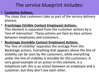 The service blueprint includes:
• Customer Actions:
The steps that customers take as part of the service delivery
process.
• Frontstage (Visible Contact Employee) Actions:
This element is separated from the customer actions by a
‘line of interaction’. These actions are face-to-face actions
between employees and customers.
• Backstage (Invisible Contact Employee) Actions:
The ‘line of visibility’ separates the onstage from the
Backstage actions. Everything that appears above the line of
visibility can be seen by the customers, while everything
under the line of visibility is invisible for the customers. A
very good example of an action in this element, is a
telephone call; this is an action between an employee and a
customer, but they don’t see each other.
 