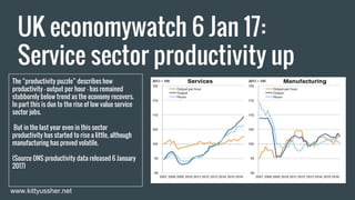 UK economywatch 6 Jan 17:
Service sector productivity up
The “productivity puzzle” describes how
productivity - output per hour - has remained
stubbornly below trend as the economy recovers.
In part this is due to the rise of low value service
sector jobs.
But in the last year even in this sector
productivity has started to rise a little, although
manufacturing has proved volatile.
(Source ONS productivity data released 6 January
2017)
www.kittyussher.net
 