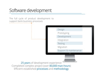 Software development
The full cycle of product development to
support bank business processes
25 years of development experience
Completed complex project (over 80,000 man-hours)
Efficient established processes and methodology
Design
Prototyping
Development
Integration
Testing
Migration
Support & maintenance
 