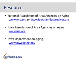 • National Association of Area Agencies on Aging
www.n4a.org or www.iowafamilycaregiver.org
• Iowa Association of Area Agencies on Aging
www.i4a.org
• Iowa Department on Aging
www.iowaaging.gov
15
 