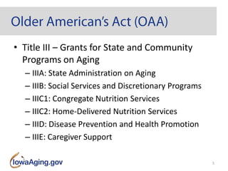 • Title III – Grants for State and Community
Programs on Aging
– IIIA: State Administration on Aging
– IIIB: Social Services and Discretionary Programs
– IIIC1: Congregate Nutrition Services
– IIIC2: Home-Delivered Nutrition Services
– IIID: Disease Prevention and Health Promotion
– IIIE: Caregiver Support
5
 