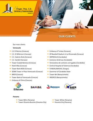 Our main clients:
Venezuela
C.C El Recreo (Caracas)
C.C. El Milenium (Caracas)
C.C. Galería Ávila (Caracas)
C.C. Sambil (Caracas)
Tower Ciudad Banesco (Caracas)
Hotel Alba (Caracas)
Tower Bank BOD (Caracas)
SEBIN Tower in Plaza Venezuela (Caracas)
BAER (Caracas)
Tower Bank of Venezuela (Caracas)
Embassy of China (Caracas)
Embassy of Turkey (Caracas)
Of Baseball Stadium in La Rinconada (Caracas)
IMPREGILO (Carabobo)
Cartones Américas (Carabobo)
Venezolana de cartones corrugados (Carabobo)
Central Hospital of Valencia (Carabobo)
FUNDALANAVIAL (Vargas)
Governor of Carabobo State
Tower Bel (Barquisimeto)
INSERCO (Barquisimeto)
Panama
Tower BEEL (Panama)
Tower Oceanía Bussine (Panama City)
Tower White (Panama)
Panamá City (Panama)
OUR CLIENTS
 