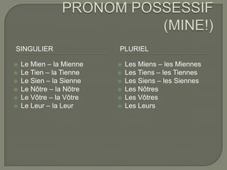 SINGULIER








Le Mien – la Mienne
Le Tien – la Tienne
Le Sien – la Sienne
Le Nôtre – la Nôtre
Le Vôtre – la Vôtre
Le Leur – la Leur

PLURIEL








Les Miens – les Miennes
Les Tiens – les Tiennes
Les Siens – les Siennes
Les Nôtres
Les Vôtres
Les Leurs

 