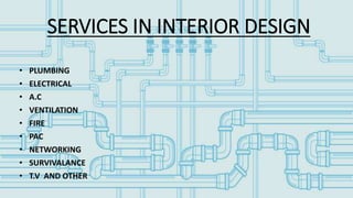 SERVICES IN INTERIOR DESIGN
• PLUMBING
• ELECTRICAL
• A.C
• VENTILATION
• FIRE
• PAC
• NETWORKING
• SURVIVALANCE
• T.V AND OTHER
 
