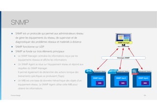 Thomas Moegli
๏ SNMP est un protocole qui permet aux administrateurs réseau
de gérer les équipements du réseau, de superviser et de
diagnostiquer des problèmes réseaux et matériels à distance
๏ SNMP fonctionne sur UDP
๏ SNMP se fonde sur trois éléments principaux
๏ Le SNMP Manager centralise les informations reçus par les
équipements réseaux et affiche les informations
๏ Un SNMP Agent se situe sur l’équipement réseau et répond aux
requêtes du SNMP Manager. 
Il permet également de déclencher des actions lorsque des
évènements spécifiques se produisent (Traps)
๏ Un MIB est une base de données hiérarchique des objets d’un
équipement réseau. Le SNMP Agent utilise cette MIB pour
obtenir les informations
SNMP
104
SNMP Manager
SNMP Agent
MIB
SNMP Agent
MIB
SNMP Agent
MIB
Equipement réseau Equipement réseau Equipement réseau
Messages SNMP
 