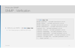 Thomas Moegli
๏ Vérifier les vues SNMPv3 :
๏ Pour chaque groupe, on définit les OID inclus
Protocole SNMP
SNMP : Vérification
111
SW# show snmp view
MYVIEW sysUpTime - included nonvolatile active
MYVIEW ifDescr - included nonvolatile active
MYVIEW ifAdminStatus - included nonvolatile active
MYVIEW ifOperStatus - included nonvolatile active
v1default iso - included permanent active
v1default internet - included permanent active
v1default snmpUsmMIB - excluded permanent active
v1default snmpVacmMIB - excluded permanent active
v1default snmpCommunityMIB - excluded permanent active
v1default ciscoMgmt.252 - excluded permanent active
<... output omitted ...>
SW# show snmp view
 