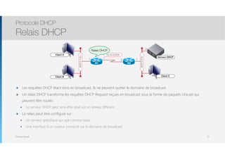 Thomas Moegli
๏ Les requêtes DHCP étant émis en broadcast, ils ne peuvent quitter le domaine de broadcast.
๏ Un relais DHCP transforme les requêtes DHCP Request reçues en broadcast sous la forme de paquets Unicast qui
peuvent être routés
๏ Le serveur DHCP peut ainsi être situé sur un réseau différent
๏ Le relais peut être configuré sur :
๏ Un serveur spécifique qui agit comme relais
๏ Une interface d’un routeur connecté sur le domaine de broadcast
Protocole DHCP
Relais DHCP
12
Client A
.1
Client B
10.1.0.0/24
Client C
10.2.0.0/24
Serveur DHCP
.1
.2
10.12.0.0/24
.1
.2
Relais DHCP
R1 R2
 