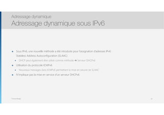 Thomas Moegli
๏ Sous IPv6, une nouvelle méthode a été introduite pour l’assignation d’adresses IPv6 : 
Stateless Address Autoconfiguration (SLAAC)
๏ DHCP peut également être utilisé comme méthode ➔ Serveur DHCPv6
๏ Utilisation du protocole ICMPv6
๏ Nouveaux messages dans ICMPv6 permettant la mise en oeuvre de SLAAC
๏ N’implique pas la mise en service d’un serveur DHCPv6
Adressage dynamique
Adressage dynamique sous IPv6
20
 