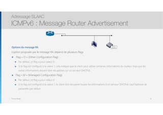 Thomas Moegli
Options du message RA
L’option proposée par le message RA dépend de plusieurs flags
๏ Flag « O » (Other Configuration Flag) :
๏ Par défaut, ce flag a pour valeur 0
๏ Si le flag est configuré à la valeur 1, cela indique que le client peut utiliser certaines informations du routeur mais que les
autres informations doivent être récupérées sur un serveur DHCPv6.
๏ Flag « M » (Managed Configuration Flag)
๏ Par défaut, ce flag a pour valeur 0
๏ Si le flag est configuré à la valeur 1, le client doit récupérer toutes les informations d’un serveur DHCPv6, sauf l’adresse de
passerelle par défaut
Adressage SLAAC
ICMPv6 : Message Router Advertisement
24
Serveur
DHCPv6
 