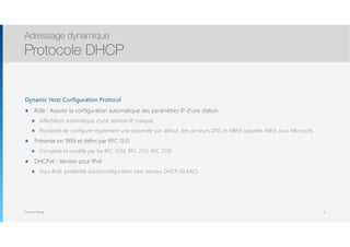 Thomas Moegli
Dynamic Host Configuration Protocol
๏ Rôle : Assurer la configuration automatique des paramètres IP d’une station
๏ Affectation automatique d’une adresse IP, masque
๏ Possibilité de configurer également une passerelle par défaut, des serveurs DNS et NBNS (appelés WINS sous Microsoft)
๏ Présenté en 1993 et défini par RFC 1531
๏ Complété et modifié par les RFC 1534, RFC 2131, RFC 2132
๏ DHCPv6 : Version pour IPv6
๏ Sous IPv6, possibilité d’autoconfiguration sans serveur DHCP (SLAAC)
Adressage dynamique
Protocole DHCP
3
 