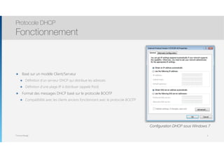 Thomas Moegli
๏ Basé sur un modèle Client/Serveur
๏ Définition d’un serveur DHCP qui distribue les adresses
๏ Définition d’une plage IP à distribuer (appelé Pool)
๏ Format des messages DHCP basé sur le protocole BOOTP
๏ Compatibilité avec les clients anciens fonctionnant avec le protocole BOOTP
Protocole DHCP
Fonctionnement
4
Configuration DHCP sous Windows 7
 