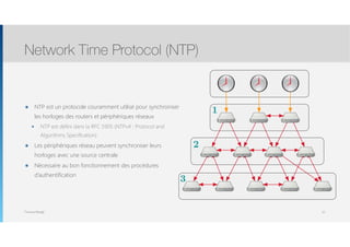 Thomas Moegli
๏ NTP est un protocole couramment utilisé pour synchroniser
les horloges des routers et périphériques réseaux
๏ NTP est défini dans la RFC 5905 (NTPv4 : Protocol and
Algorithms Specification)
๏ Les périphériques réseau peuvent synchroniser leurs
horloges avec une source centrale
๏ Nécessaire au bon fonctionnement des procédures
d’authentification
Network Time Protocol (NTP)
57
1
2
3
 