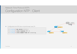 Thomas Moegli
๏ Configuration de SW1 pour se synchroniser avec R1 :  
SW1(config)# ntp server 10.0.0.1
SW1(config)# clock timezone EDT -5
SW1(config)# clock summer-time EDT recurring
Network Time Protocol (NTP)
Configuration NTP : Client
66
R1
Fa0/1
Internet
Serveur NTP
ch.ntp.pool.org
64.99.80.30
Fa1/0
Fa1/0
Fa1/1
Fa1/1
Fa2/0Fa2/0SW1 SW2
Se synchronise avec un
serveur NTP externe
Se synchronise avec R1
Pair avec SW2
Se synchronise avec R1
Pair avec SW1
 