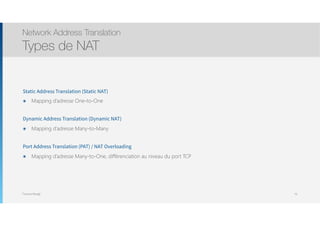 Thomas Moegli
Static Address Translation (Static NAT)
๏ Mapping d’adresse One-to-One
Dynamic Address Translation (Dynamic NAT)
๏ Mapping d’adresse Many-to-Many
Port Address Translation (PAT) / NAT Overloading
๏ Mapping d’adresse Many-to-One, différenciation au niveau du port TCP
Network Address Translation
Types de NAT
79
 
