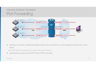Thomas Moegli
๏ Technique qui consiste à rediriger les paquets réseaux d’un port donné sur un autre équipement réseau avec un port
donné.
๏ Permet l’accès aux équipements du réseau LAN depuis l’extérieur
๏ Généralement, seul les ports 80 (HTTP), 443 (HTTPS) et 22 (SSH)
Network Address Translation
Port Forwarding
93
LAN WAN
192.168.10.1
192.168.10.2
192.168.10.3
NAT
209.165.200.1, Port 80
209.165.200.1192.168.10.1
209.165.200.1, Port 8080
209.165.200.1, Port 9002192.168.10.1, Port 23
192.168.10.2, Port 80
192.168.10.3, Port 80
 