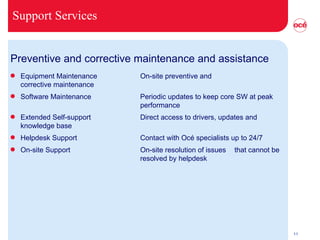 Support Services Preventive and corrective maintenance and assistance Equipment Maintenance On-site preventive and  corrective maintenance Software Maintenance  Periodic updates to keep core SW at peak  performance  Extended Self-support Direct access to drivers, updates and  knowledge base Helpdesk Support Contact with Océ specialists up to 24/7 On-site Support On-site resolution of issues  that cannot be  resolved by helpdesk 