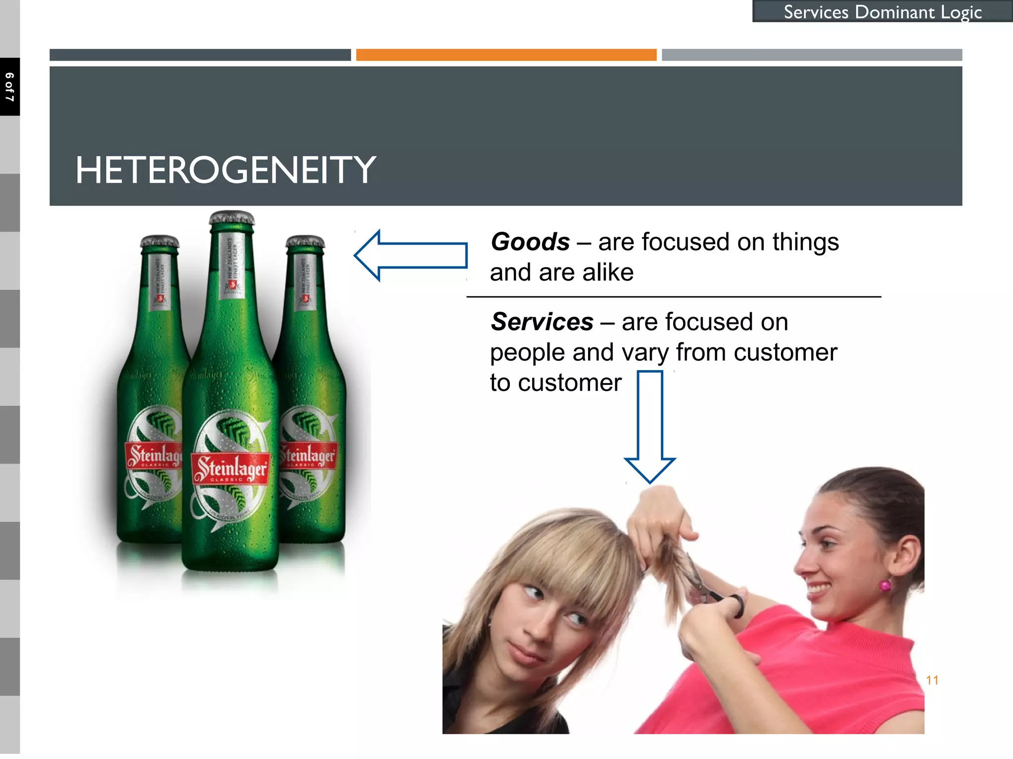 HETEROGENEITY
11
Goods – are focused on things
and are alike
Services – are focused on
people and vary from customer
to customer
Services Dominant Logic
6of7
 