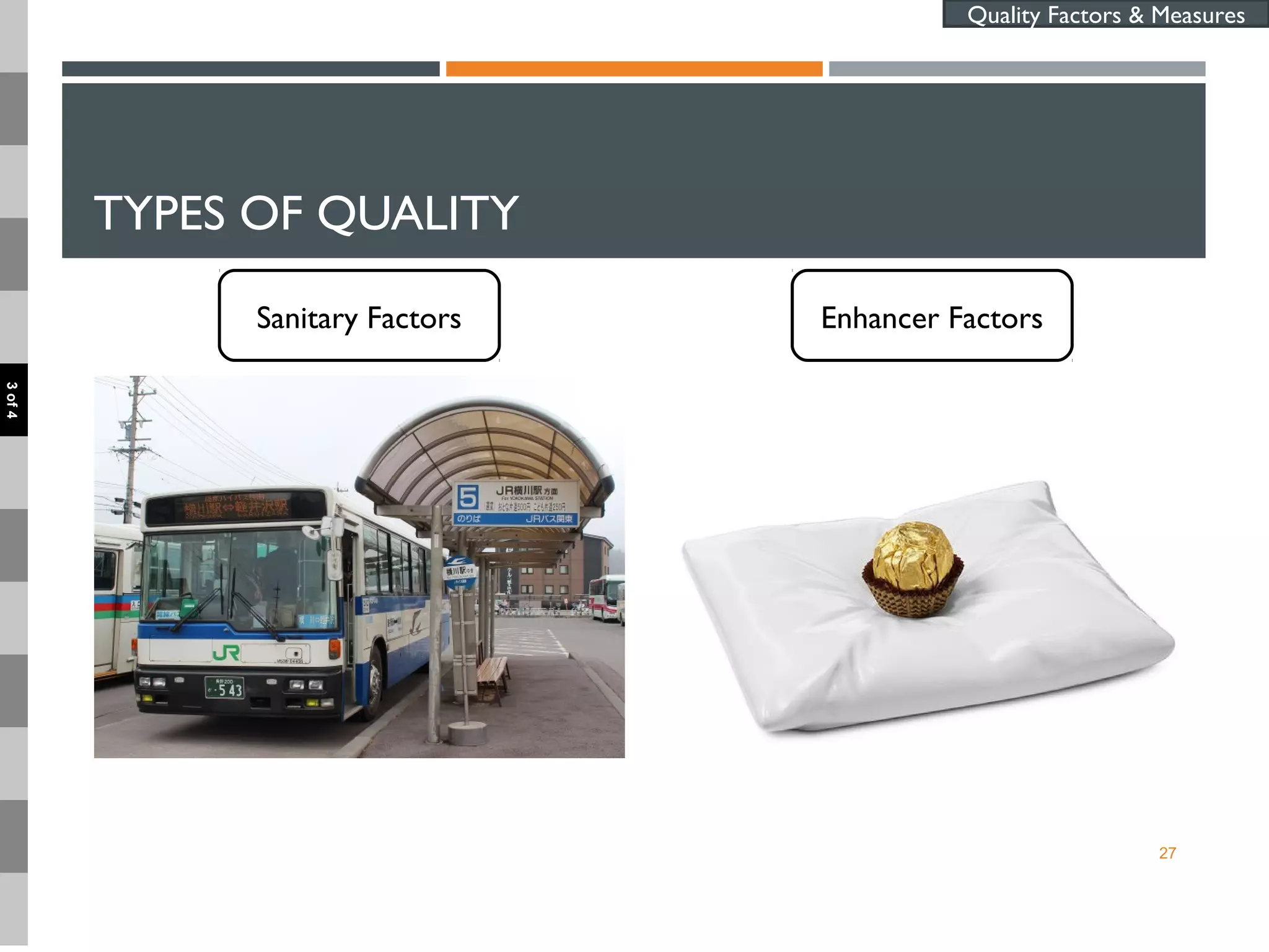 TYPES OF QUALITY
27
Quality Factors & Measures
Enhancer FactorsSanitary Factors
3of4
 