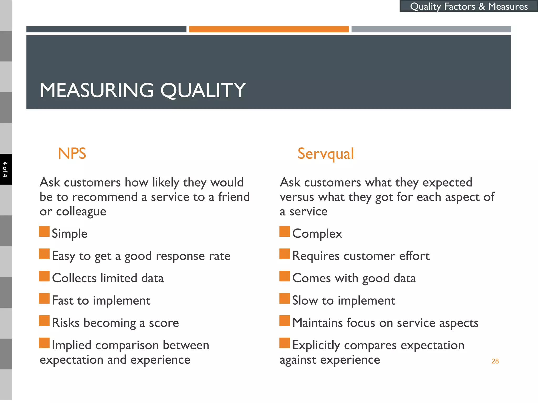 MEASURING QUALITY
NPS
Ask customers how likely they would
be to recommend a service to a friend
or colleague
Simple
Easy to get a good response rate
Collects limited data
Fast to implement
Risks becoming a score
Implied comparison between
expectation and experience
Servqual
Ask customers what they expected
versus what they got for each aspect of
a service
Complex
Requires customer effort
Comes with good data
Slow to implement
Maintains focus on service aspects
Explicitly compares expectation
against experience 28
Quality Factors & Measures
4of4
 