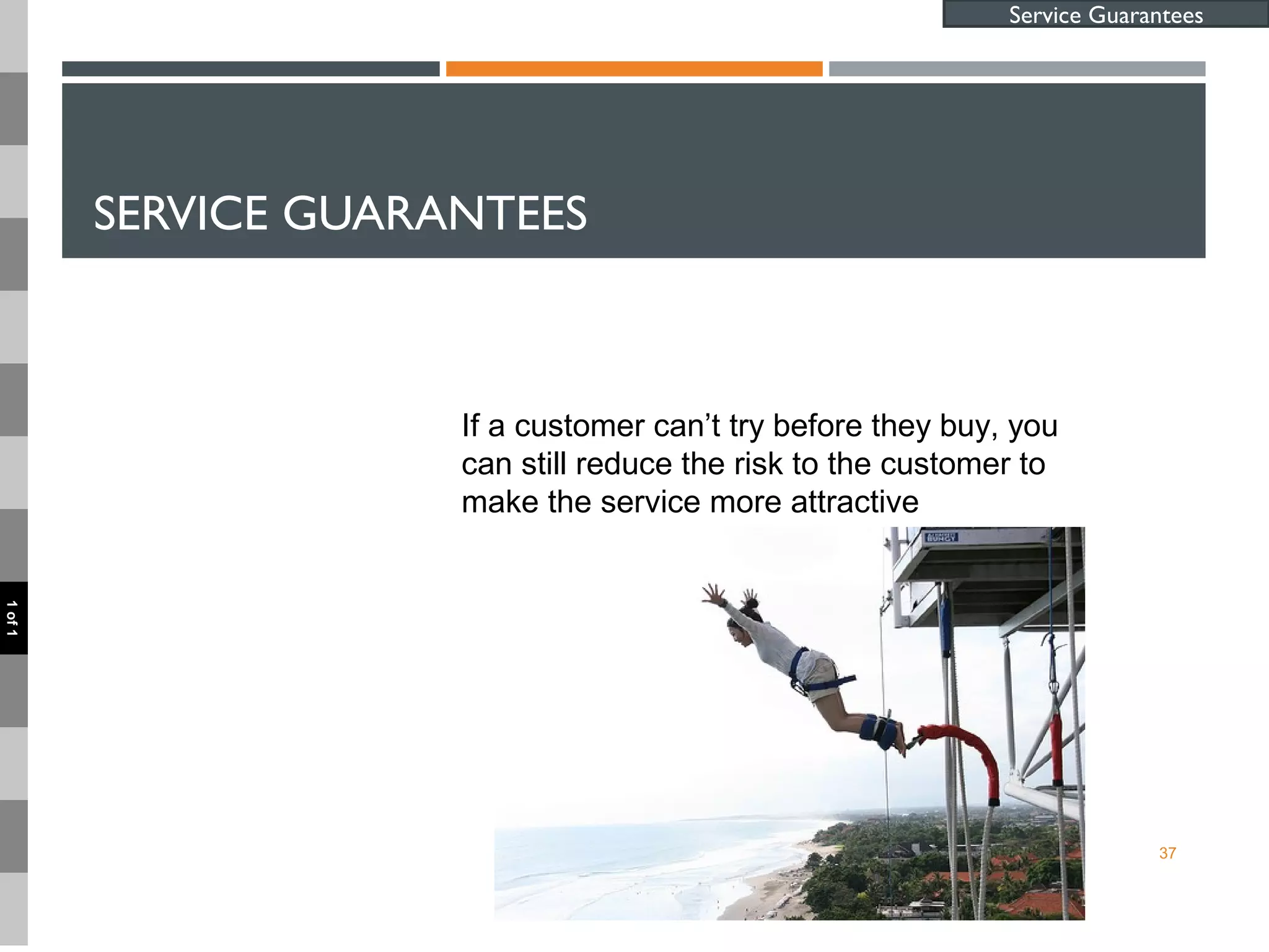 SERVICE GUARANTEES
37
Service Guarantees
If a customer can’t try before they buy, you
can still reduce the risk to the customer to
make the service more attractive
1of1
 