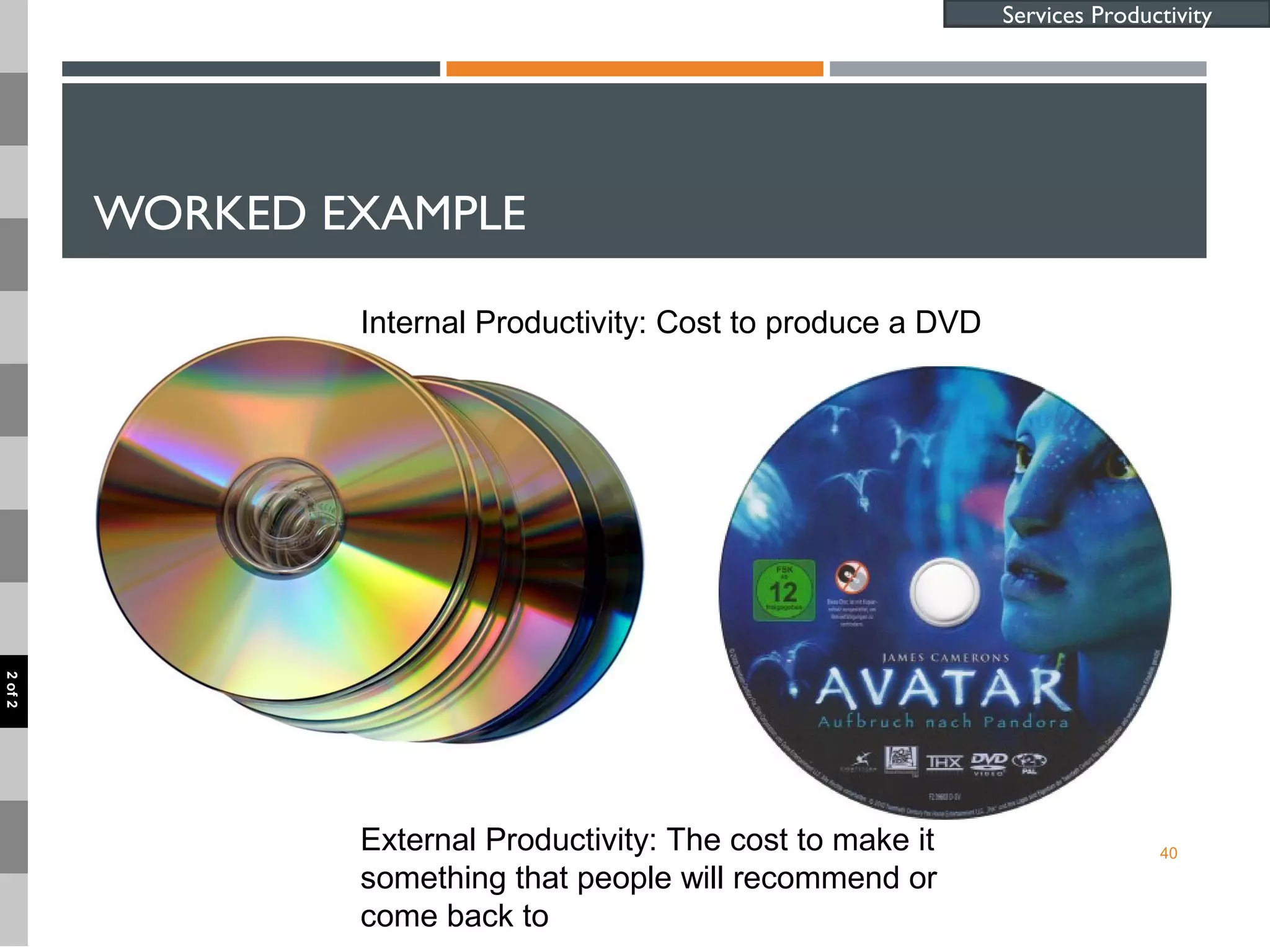 WORKED EXAMPLE
40
Services Productivity
Internal Productivity: Cost to produce a DVD
External Productivity: The cost to make it
something that people will recommend or
come back to
2of2
 
