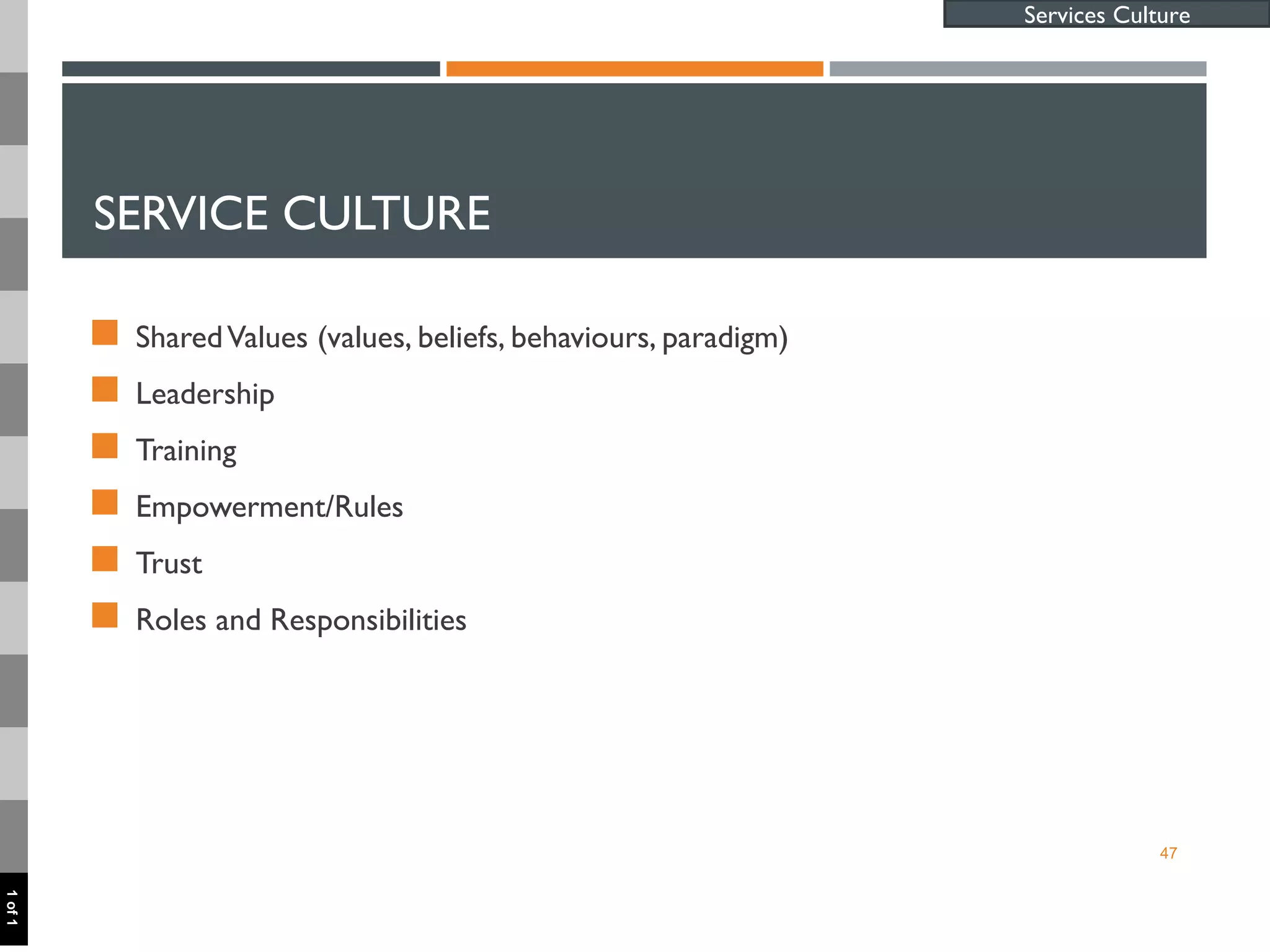 SERVICE CULTURE
 SharedValues (values, beliefs, behaviours, paradigm)
 Leadership
 Training
 Empowerment/Rules
 Trust
 Roles and Responsibilities
47
Services Culture
1of1
 