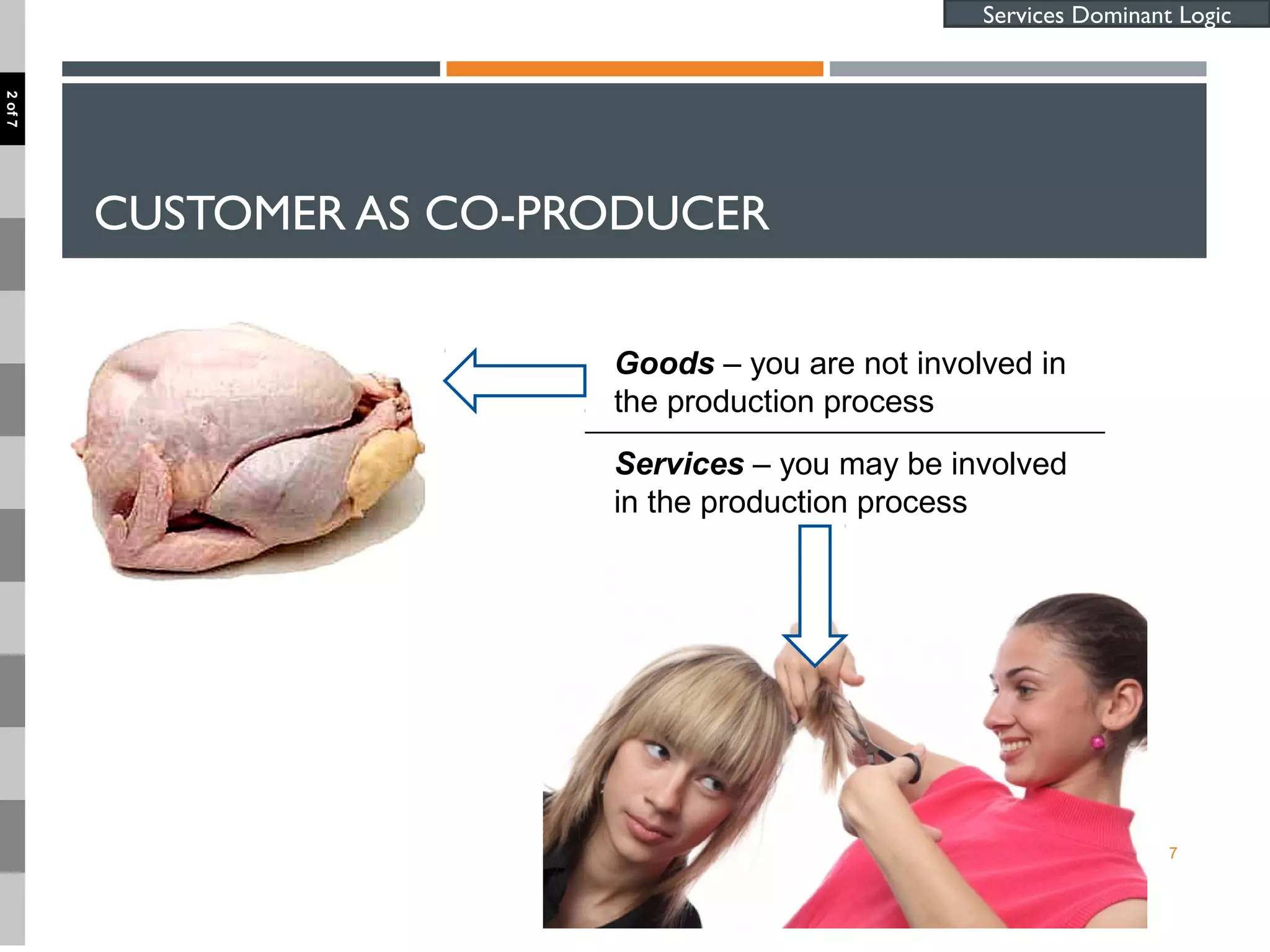 CUSTOMER AS CO-PRODUCER
7
Goods – you are not involved in
the production process
Services – you may be involved
in the production process
Services Dominant Logic
2of7
 