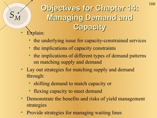 Objectives for Chapter 14: Managing Demand and Capacity Explain: the underlying issue for capacity-constrained services the implications of capacity constraints  the implications of different types of demand patterns on matching supply and demand Lay out strategies for matching supply and demand through: shifting demand to match capacity or flexing capacity to meet demand Demonstrate the benefits and risks of yield management strategies Provide strategies for managing waiting lines  