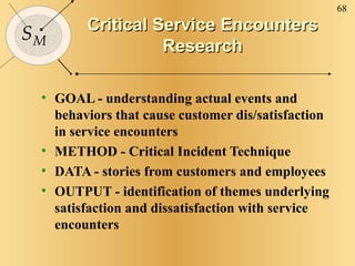 Critical Service Encounters Research GOAL - understanding actual events and behaviors that cause customer dis/satisfaction in service encounters METHOD - Critical Incident Technique DATA - stories from customers and employees OUTPUT - identification of themes underlying satisfaction and dissatisfaction with service encounters 