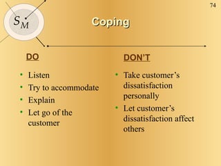 Coping Listen Try to accommodate Explain Let go of the customer Take customer’s dissatisfaction personally Let customer’s dissatisfaction affect others DO   DON’T 